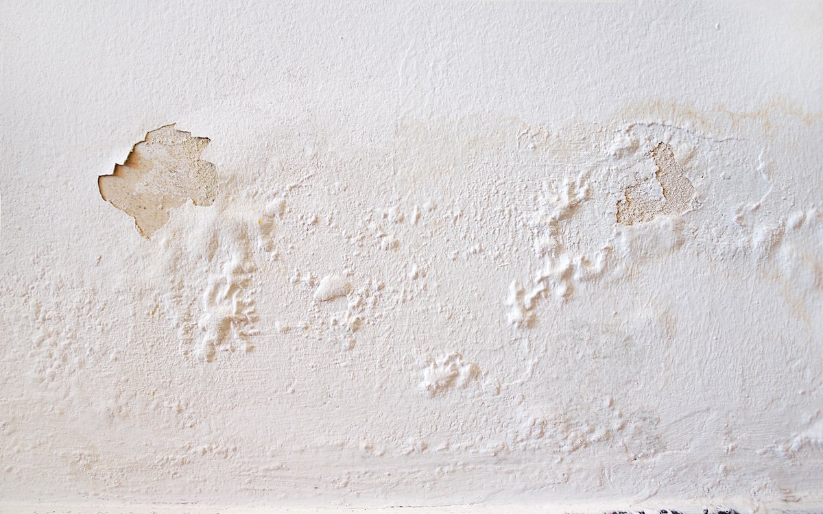 Moderate water damage on white wall.